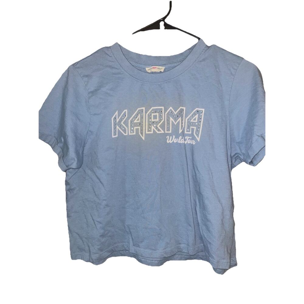 Karma World Tour Junior’s Crop Tee Blue Bling Sz Small Concert Top Songs On Back